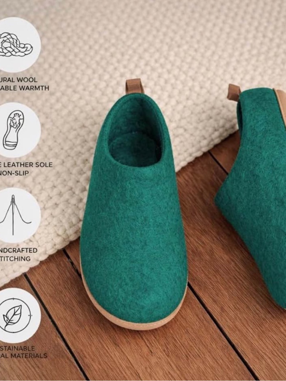 Haussimple Wool Indoor Slippers - Natural Organic Wool, Genuine Leather Sole
